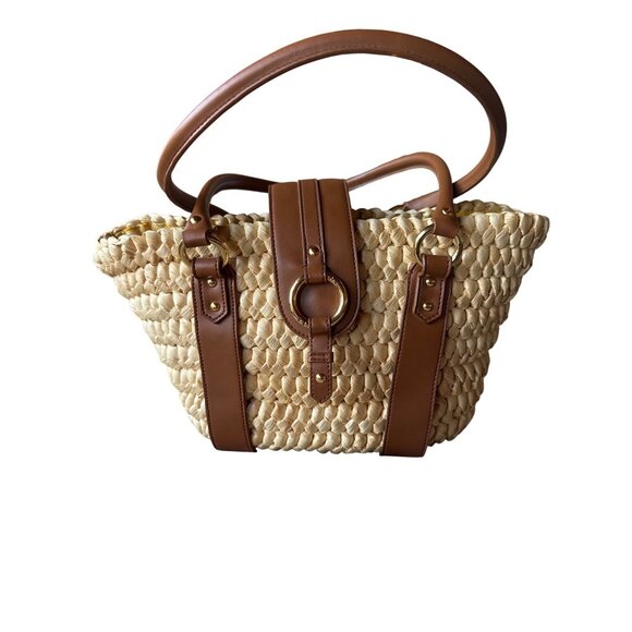 Etienne Aigner Corn Husk Woven Tote Bag Brown Leather Trim Retro Summer Chic - Picture 1 of 13